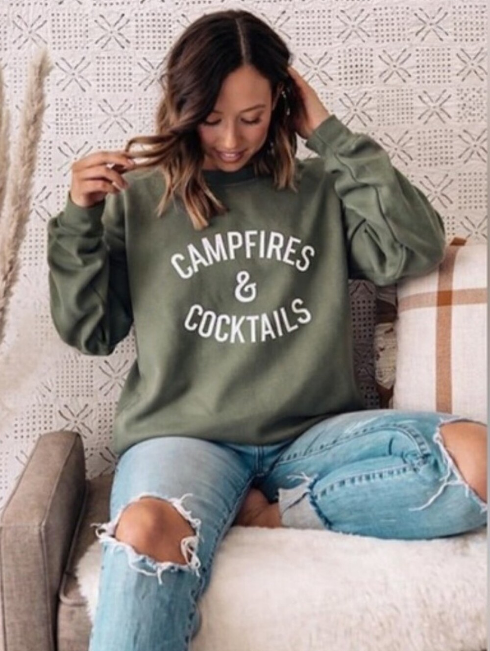 Campfires & Cocktails Olive Green Pullover Sweatshirt Loungewear Casual Cozy XL